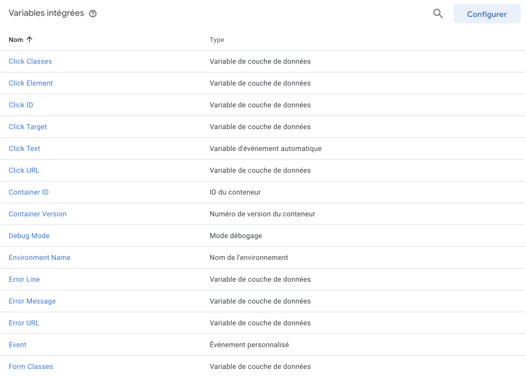 Les différentes variables sur Google Tag Manager
