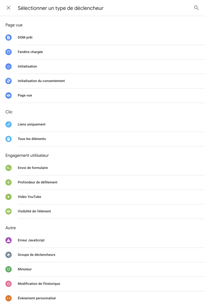 Les différents déclencheur sur Google Tag Manager