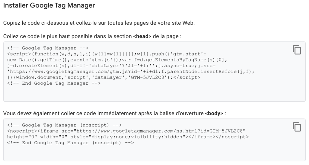 Les deux extraits de codes à installer pour Google Tag Manager