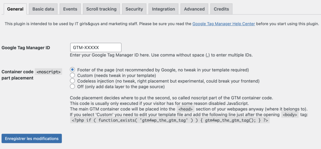 La configuration de Google Tag Manager for WordPress