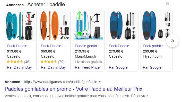 Annonce sponsorisées sur le mot-cle paddle.